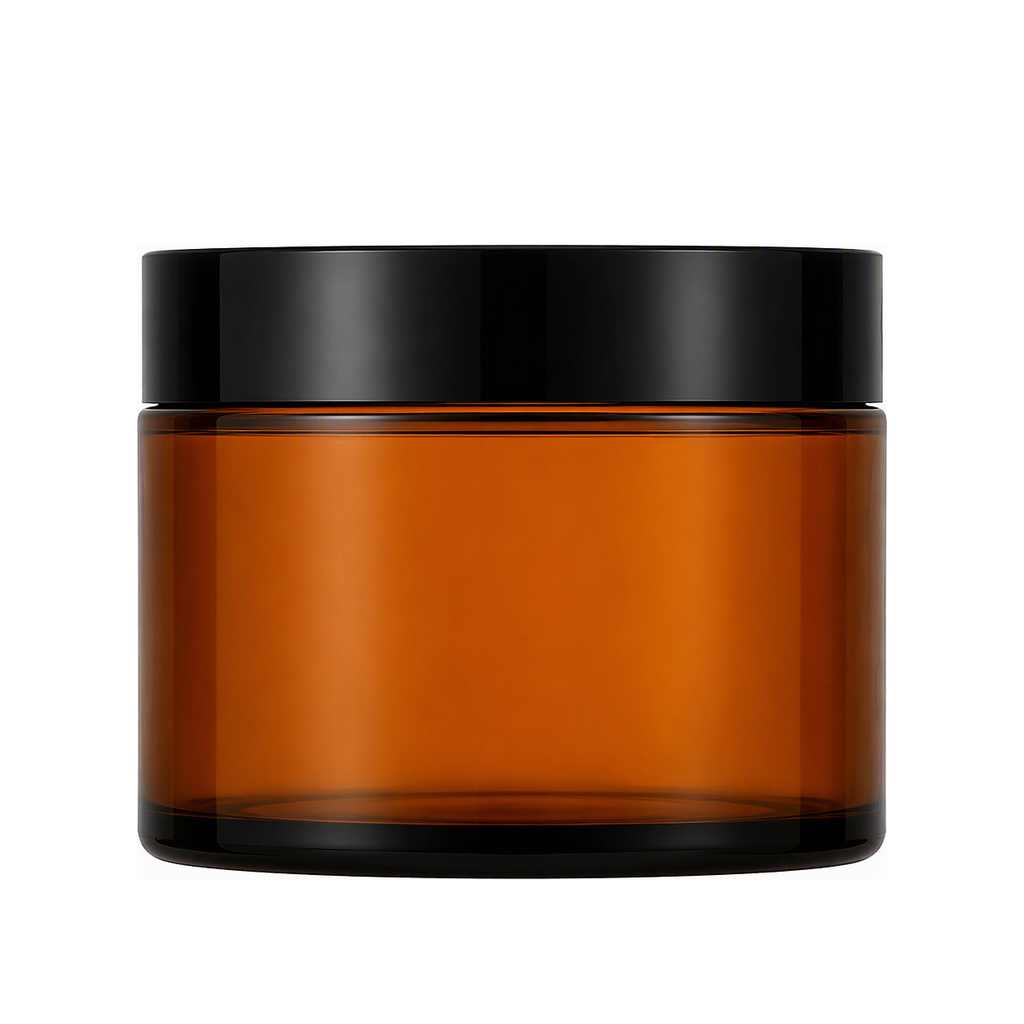 Amber glass jar with black screw lid
