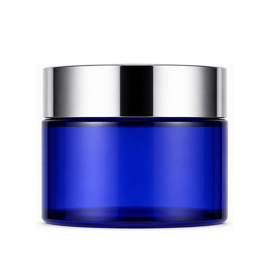 Cobalt blue jar with metallic silver cap