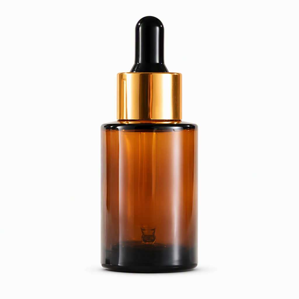 Amber glass dropper bottle with gold collar