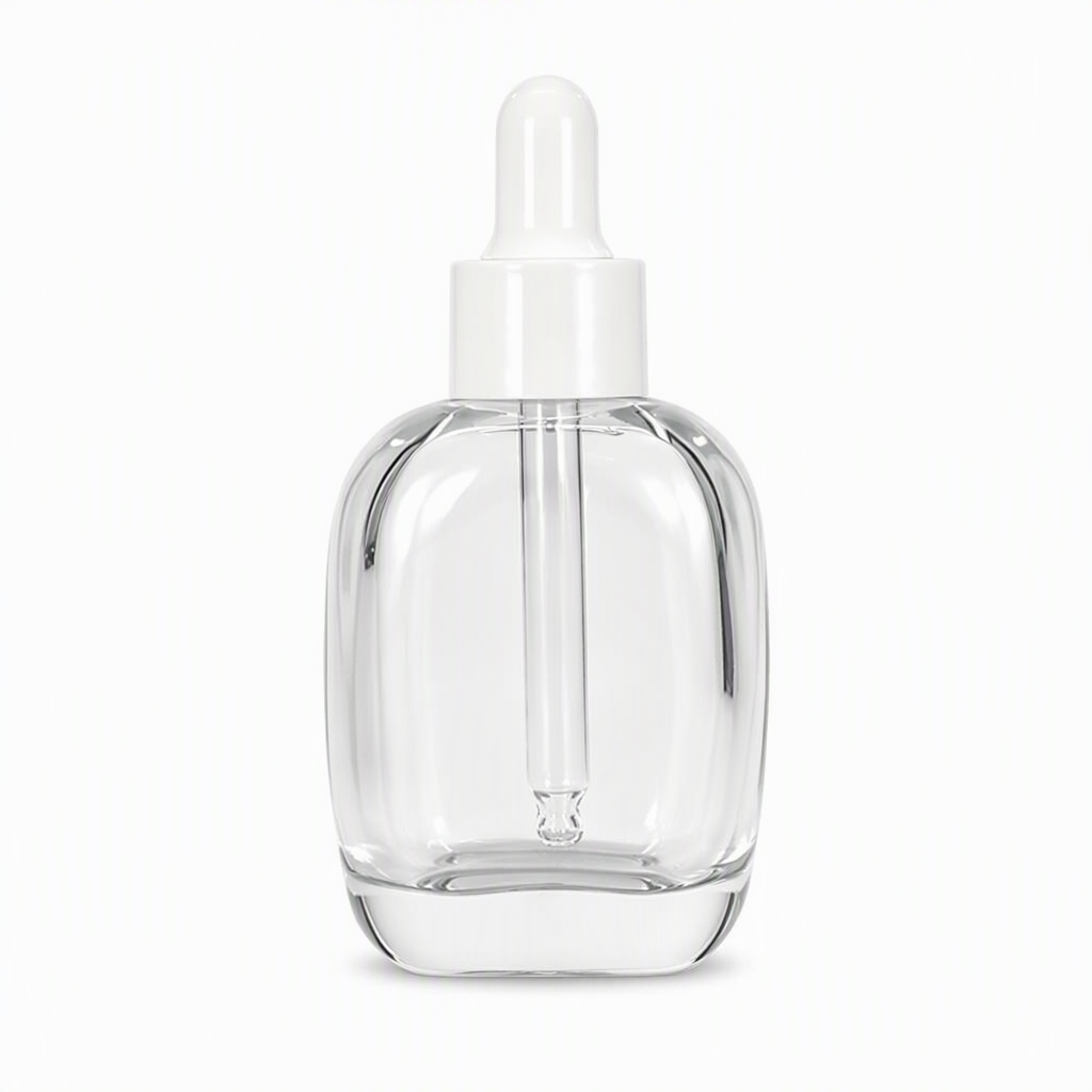 Rounded clear glass dropper bottle with white collar