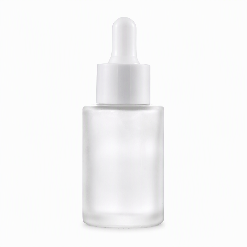 Frosted square glass dropper bottle with white collar