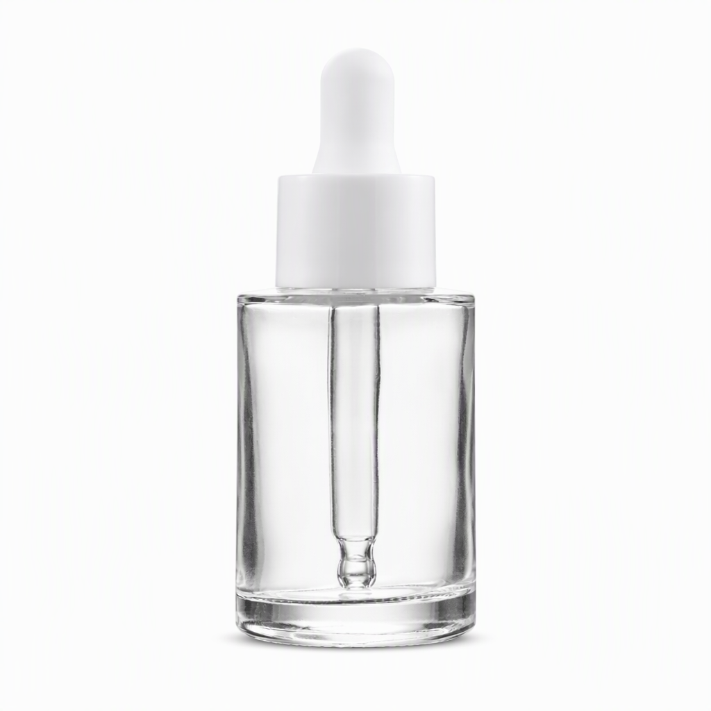 Clear square glass dropper bottle with white collar